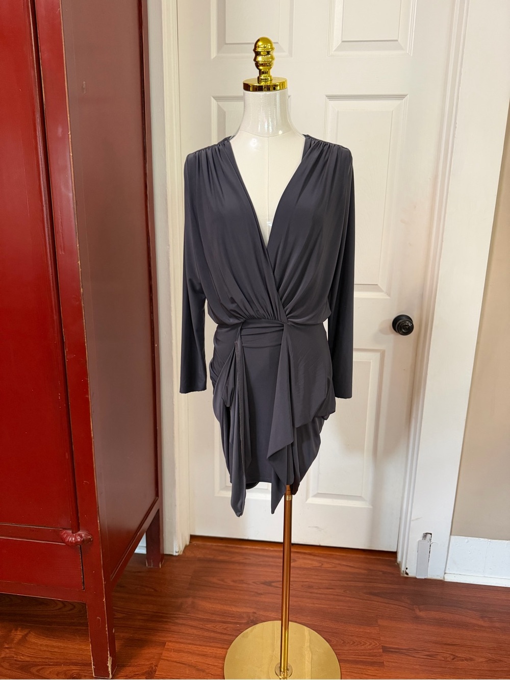 Misa Los Angeles Charcoal Gray Draped V-Neck Long Sleeve Dress